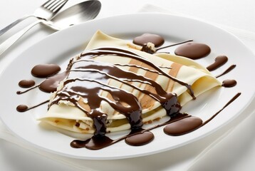 Crepes with chocolate syrup on a white dish. Generative AI