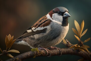 Wall Mural - Image of a house sparrow in closeup, sitting on a branch. Generative AI