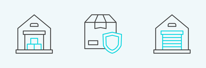 Poster - Set line Warehouse, and Delivery security with shield icon. Vector