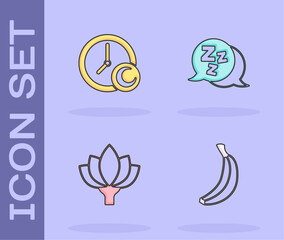 Sticker - Set Banana, Time to sleep, Lotus flower and Sleepy icon. Vector