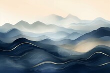 Elegant Abstract Mountain Background. Watercolor Wallpaper With Gold Wavy Lines, Hill, Sky And Dark Blue Color. Luxury In Blue Tone Design For Banner, Covers, Wall Art, Home Decor And. Generative AI