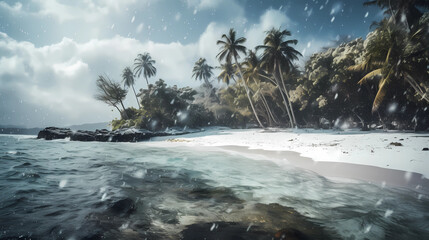 Wall Mural - tropical beach covered in snow, climate change, generative ai