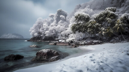Wall Mural - tropical beach covered in snow, climate change, generative ai