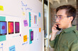© Wavebreak Media - Caucasian male designer talking on smartphone, looking at mock ups and notes on whiteboard in studio
