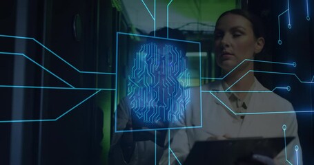 Wall Mural - Animation of biometric brain and data processing over caucasian businesswoman and servers