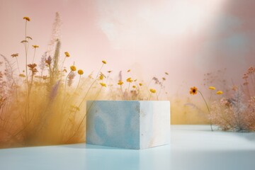 Wall Mural - Photo of a modern product photography podium with wild flowers