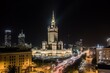 Constitution Square (PL: Plac Konstytucji) - a view of the center of night Warsaw with skyscrapers in the background - the lights of the big city by night, Poland, EU. Generative AI