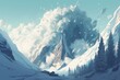Cinematic illustration featuring a snow avalanche speeding down a slope of a mountain. Powerful and destructive snow slip, demolishing nature and trees in its way. Dramatic and scary. Generative AI