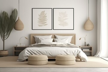 Bright bedroom mockup, rattan wooden bed in a beige background, poster frame mock up in a neutral colors room interior, 3d render. Generative AI
