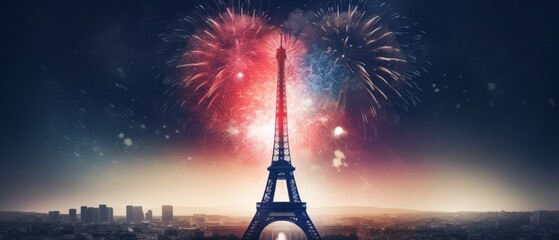 Eiffel Tower with fireworks in the colors of the French flag at night. Bastille Day. Iconic landmark of Paris. Generative AI