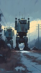 Wall Mural - Digital painting of a rusty robot in a foggy forest, illustration, Generative Ai