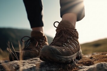 Hiker goes against sky and sun. Hiking concept. AI generated, human enhanced