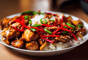 Wall Mural - Kung pao chicken, one of the most popular Sichuan dishes; diced chicken cooked with peanuts and hot spices, generative AI