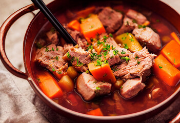 Wall Mural - pork meat stew with vegetables served in a bowl as a dinner, restaurant dish, generative AI