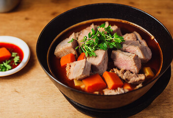  pork meat stew with vegetables served in a bowl as a dinner, restaurant dish, generative AI