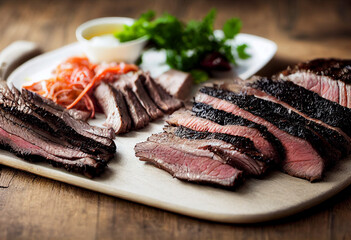 Wall Mural - smoked beef brisket on wooden table, generative AI