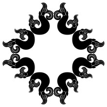 Geometrical Frame With Fantastic Double Headed Creatures. Nomadic Scythian Iron Age Pazyryk Culture. Black And White Silhouette.