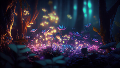 Magical night in the forest with glowing flowers and lights, Generative AI