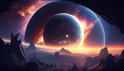 Wall Mural - panorama of distant planet system, digital art illustration, generative ai