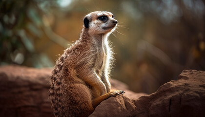 Poster - Cute meerkat stands alertly, watching wildlife reserve generated by AI