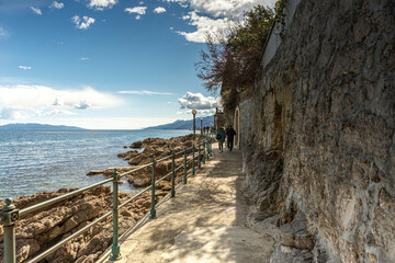  View at the adriatic sea in early spring from Opatija, Istria, Croatia, along the promenade at the coastside