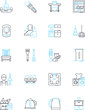 © Nina - Domesticity linear icons set. Home, Family, Comfort, Routine, Housework, Cozy, Organization line vector and concept signs. Cooking,Cleaning,Nesting outline illustrations