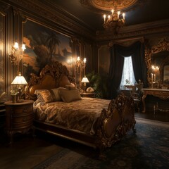 An opulent Art Nouveau Bedroom featuring an ornate bed with velvet linens, antique gold fixtures, and sconces providing soft lighting, generative ai