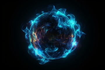 Abstract energy sphere round planet star futuristic cosmic blue beautiful glowing magic on black background. Abstract background. Generative AI