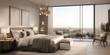A serene and calming bedroom featuring a clean aesthetic and neutral tones, accented with elegant gold lighting fixtures and textured art pieces, generative ai