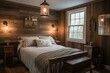 A vintage-inspired Farmhouse Bedroom, complete with mismatched antique bedside tables, distressed wood paneling, and a one-of-a-kind light fixture, generative ai