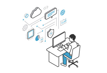 aiチャットサービスを利用して仕事をする男性のイメージイラスト素材