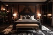 A luxurious Art Deco-inspired bedroom showcasing rich textures of lacquered finishes and exotic woods with a bold geometric rug as the centerpiece, generative ai