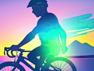 Wall Mural - silhouette of cyclist riding a road bike at sunset. Generative Ai