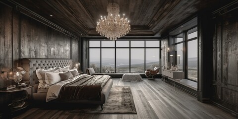 A luxurious Bedroom with a distressed wood ceiling, a metallic wallpaper accent wall, and a crystal chandelier over the bed, generative ai