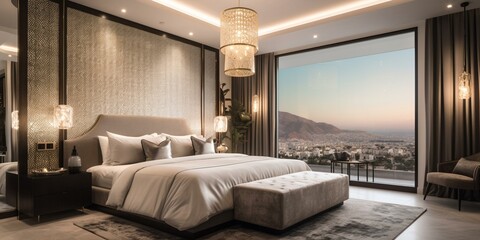A breathtakingly beautiful bedroom with a unique architectural detail, boasting a stunning accent wall, gorgeous pendant lighting, and a luxurious upholstered bed, generative ai