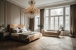 A luxurious and extravagant bedroom featuring a statement-making chandelier and an abundance of natural light, all set against a warm, neutral backdrop, generative ai