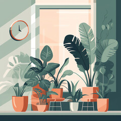 Greenery: Flat style illustration of a potted plant to promote indoor air quality and natural beauty, encouraging incorporating plants into homes. Generative AI.