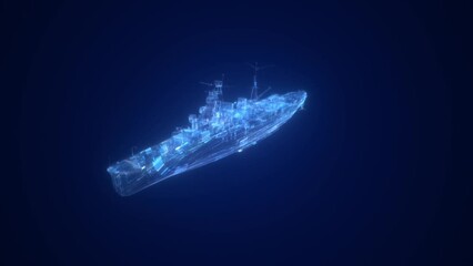 Wall Mural - Blue digital technology warship, warship model demonstration animation. warship internal structure display, holographic projection of military weapons.