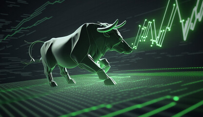 Wall Mural - Bull run stock market trading investment Up trend of graph green background rising price FInancial concept, Generative AI