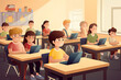 © rufous - Children with technology tablet and laptop computer in class teacher on background
