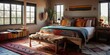 A colorful Southwestern Bedroom with bright pillows, a leather bench and eclectic decor pieces, generative ai