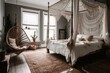 A Farmhouse Bedroom with a bohemian twist, complete with macrame wall hangings, an airy canopy bed, and a cozy reading nook for lazy afternoons, generative ai