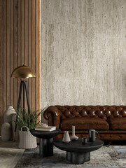 Wall Mural - Interior with brown leather chester sofa, stone wall panel and decor. 3d render illustration mockup.