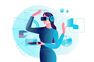 woman communicates, works and enter into business transactions in a virtual reality