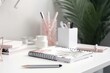 Beautiful feminine female office desk with empty notebook cover mockup. Generative AI