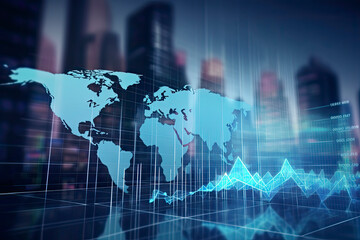 Double exposure of abstract creative financial chart hologram and world map on modern business