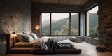 Fototapeta  - A serene Zen style Bedroom with a stone accent wall and cotton bedding, generative ai