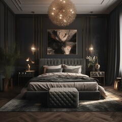 Wall Mural - A stunning Art Moderne bedroom design with an edgy aesthetic, featuring elegant furnishings, metallic accents, and plenty of reflective surfaces for added brilliance, generative ai