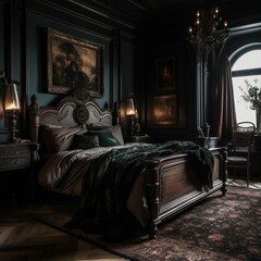 Wall Mural - A sophisticated Gothic Bedroom with dark wooden furniture and plush velvet textiles, generative ai