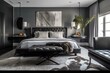 A modern take on Hollywood Regency Bedroom with a gray lacquered bed frame, cowhide rug, and minimalist decor, generative ai